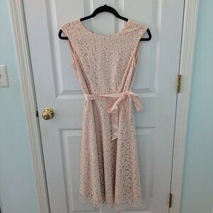Tahari Arthur S. Levine pink lace midi dress with ribbon tie waist